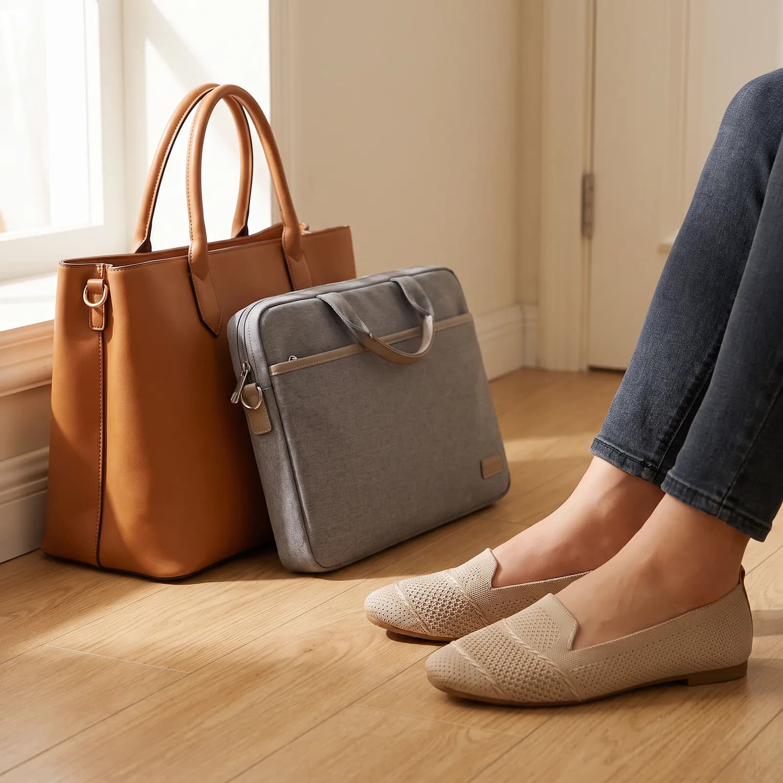 Flats by a work bag and a coffee cup on a console table near the front door, no faces