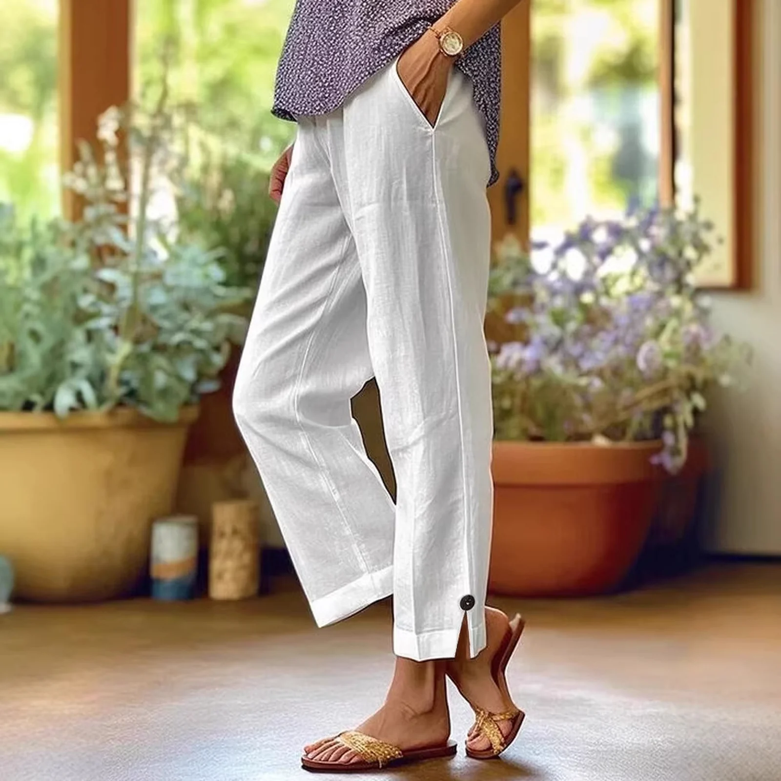 Linen-Blend Pull-On Pants in White, side view with sandals