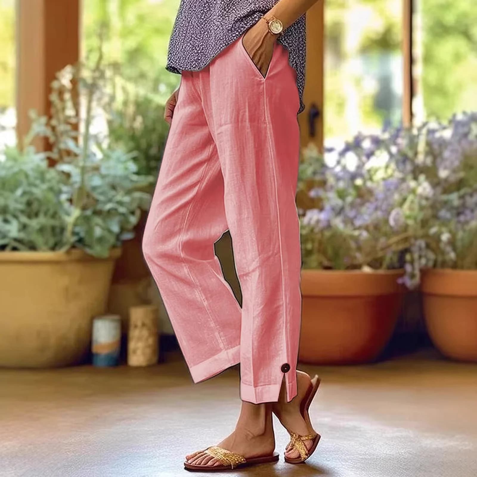 The Blush linen-blend pants worn with sandals by a sunny window
