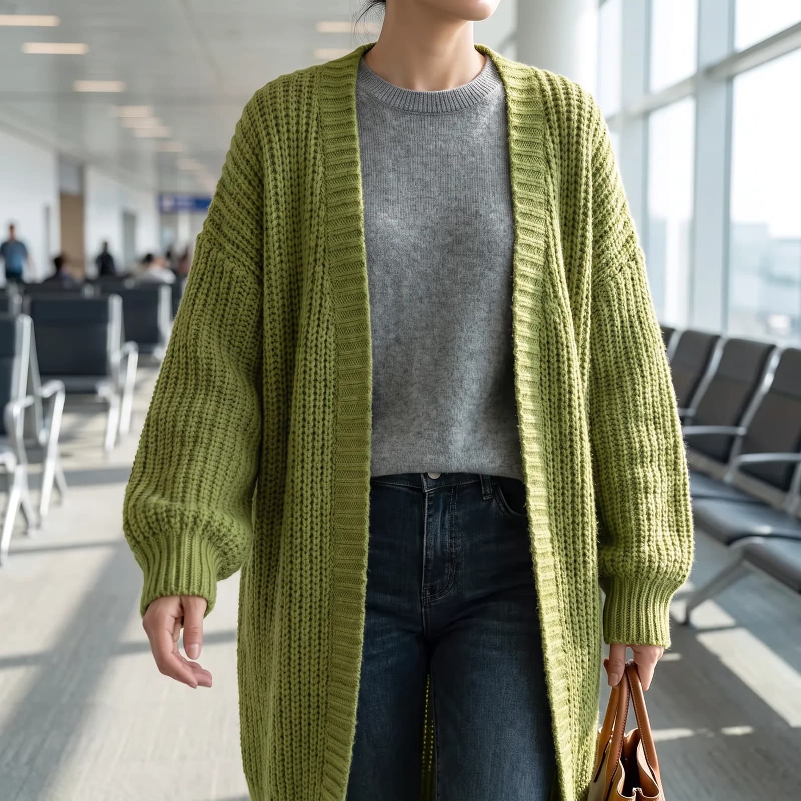 Cardigan worn while walking through an airport terminal or a cold office hallway, no faces