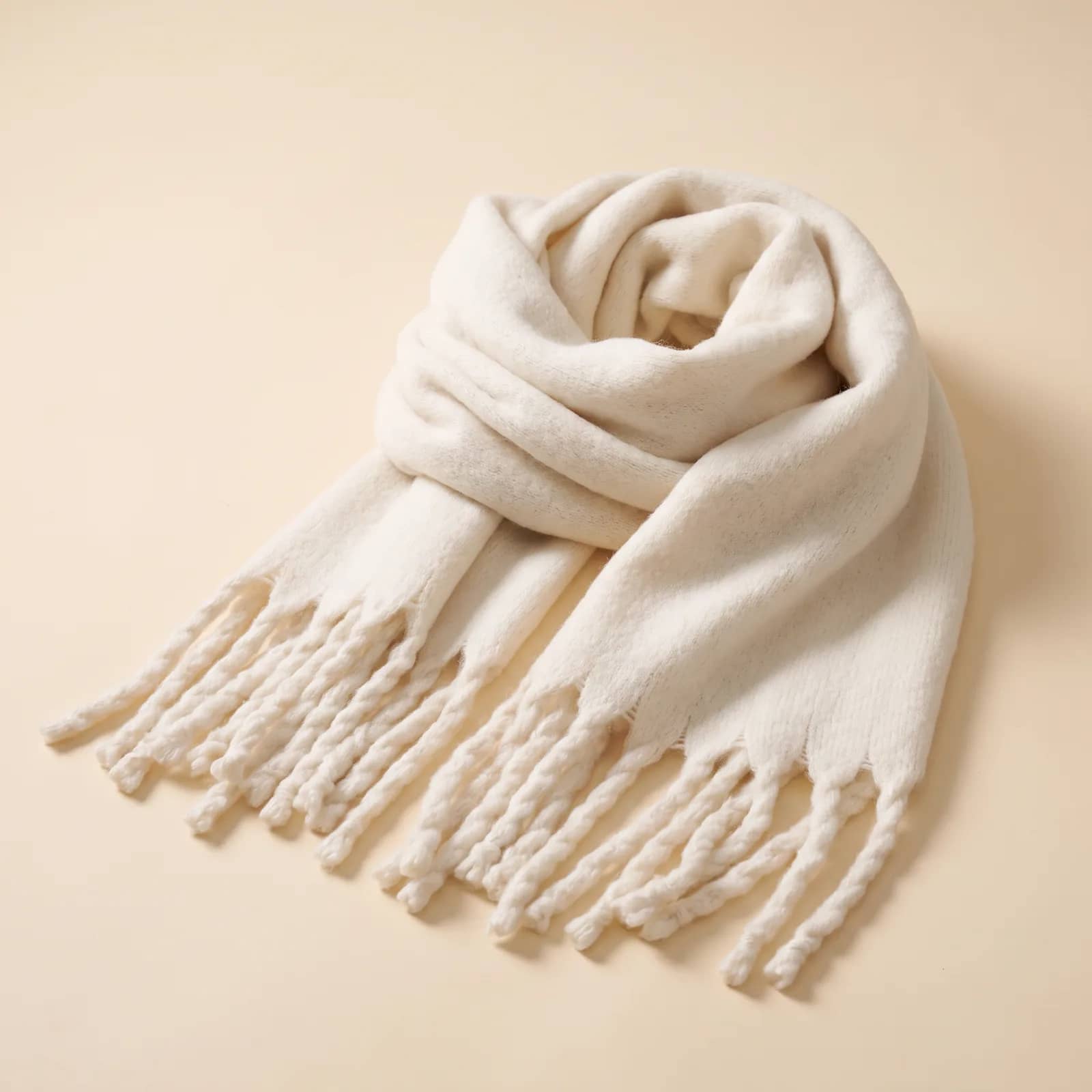 Oversized Tassel Wrap Scarf in Camel on a cream studio background