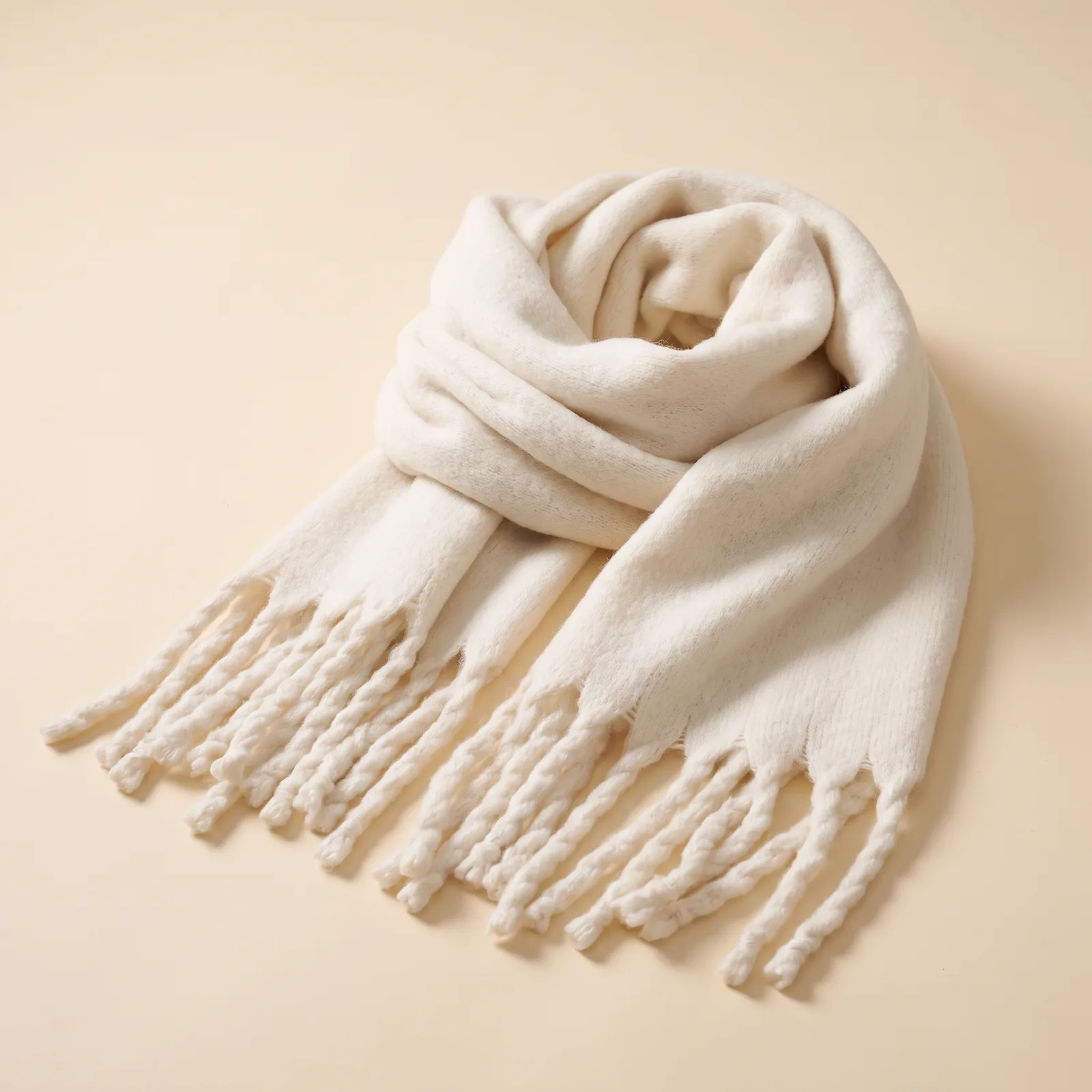 Oversized Tassel Wrap Scarf in Camel on a cream studio background