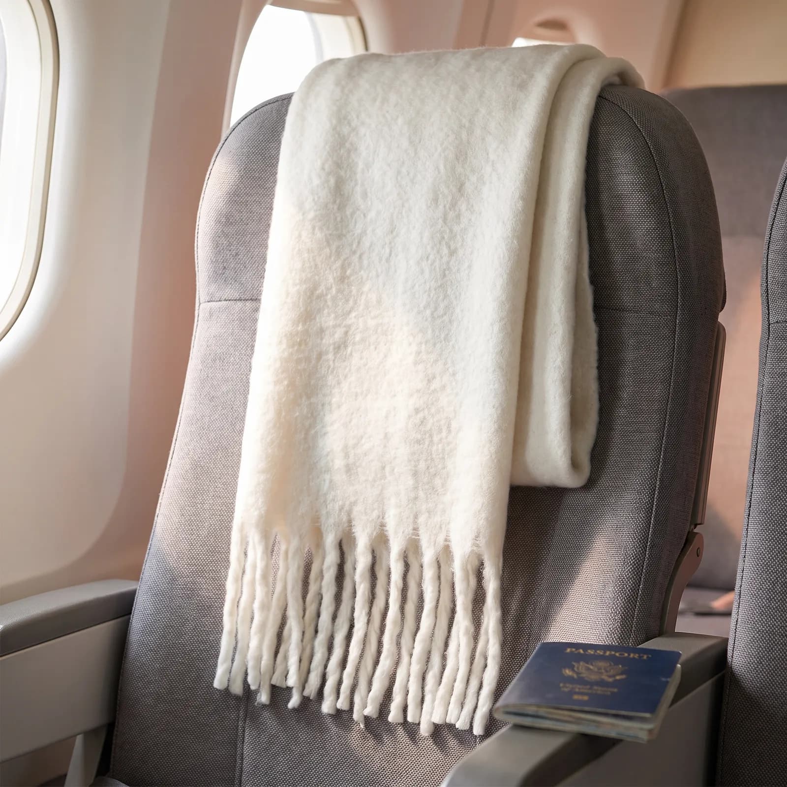 The scarf draped over an airplane seat armrest next to a passport, no faces