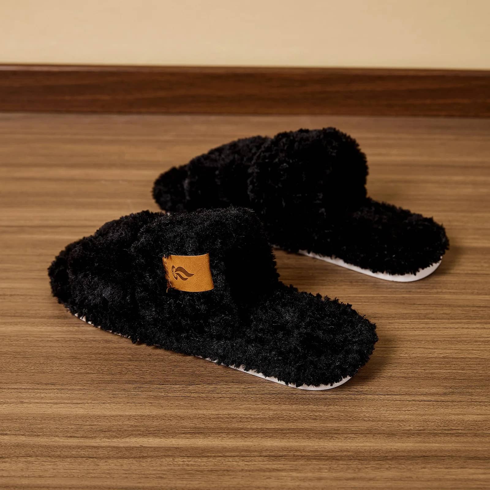 Plush Slide Slippers in Black, flat lay