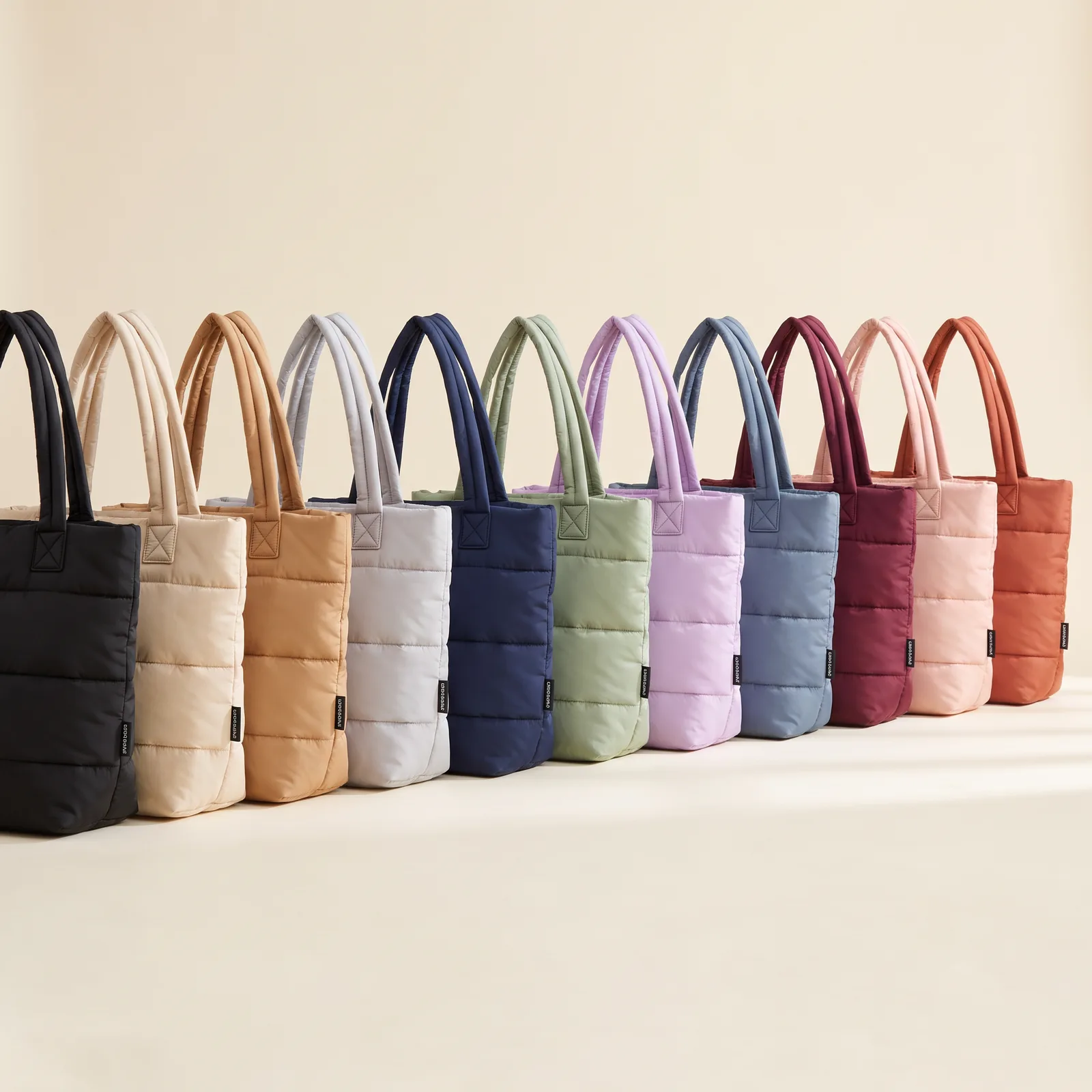 11 puffer totes lined up side by side in Black, Oat, Camel, Light Grey, Navy, Sage, Lilac, Slate Blue, Wine, Blush, and Terracotta