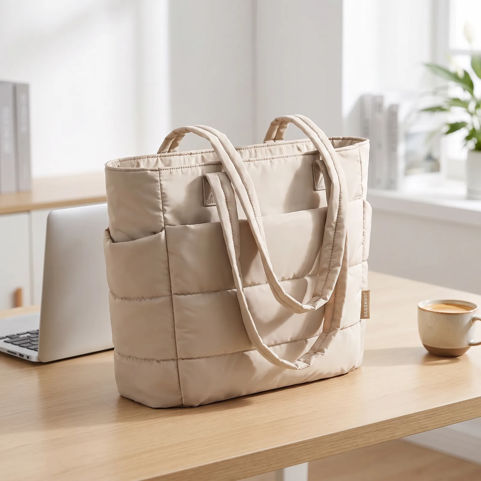 The tote resting on a desk next to a laptop and a coffee cup, no faces