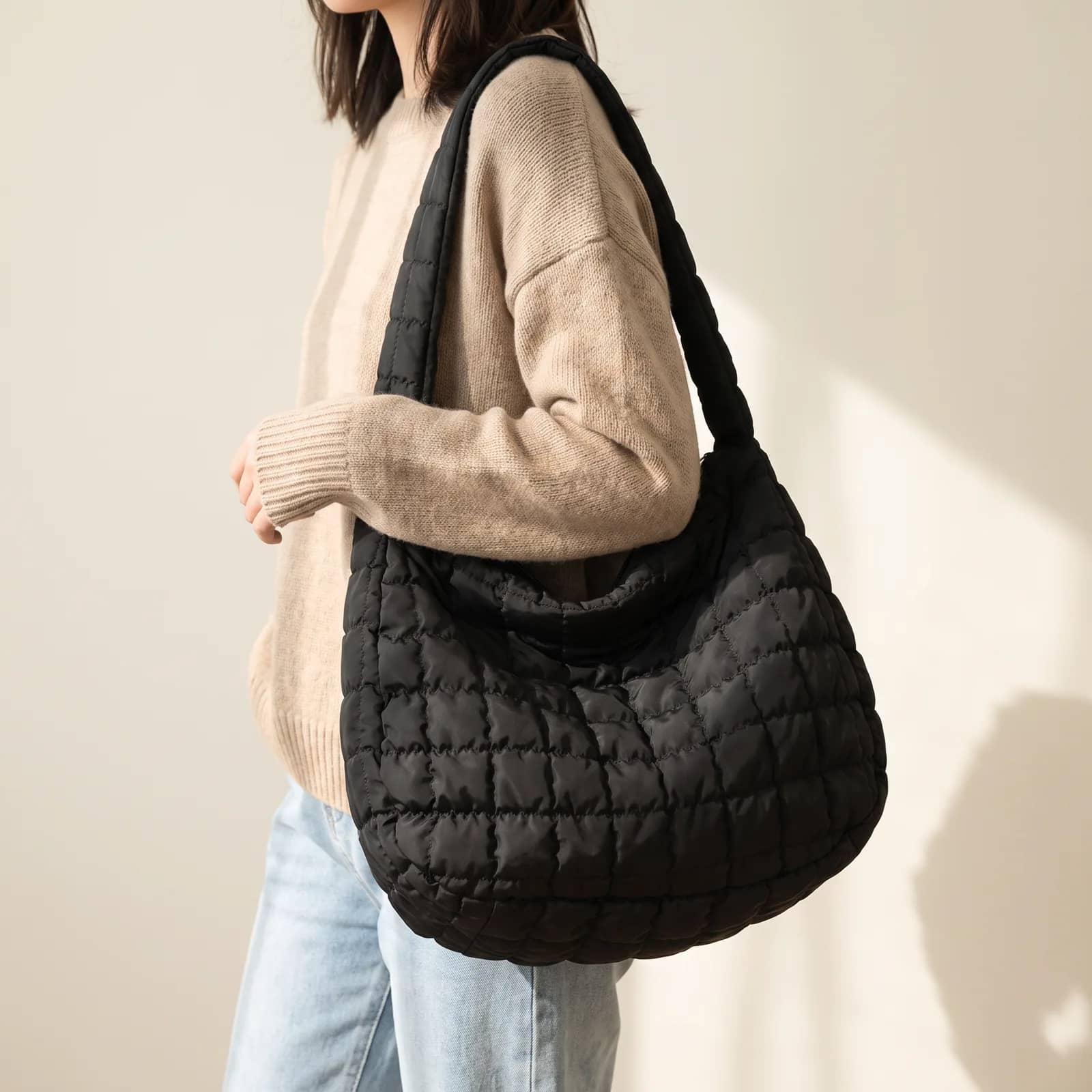 Puffer Quilted Tote in Mocha on a cream studio background