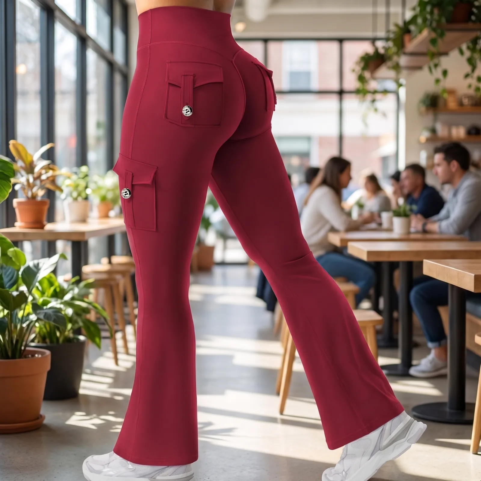 Pants worn during a shift, walking through a kitchen or retail floor, no faces