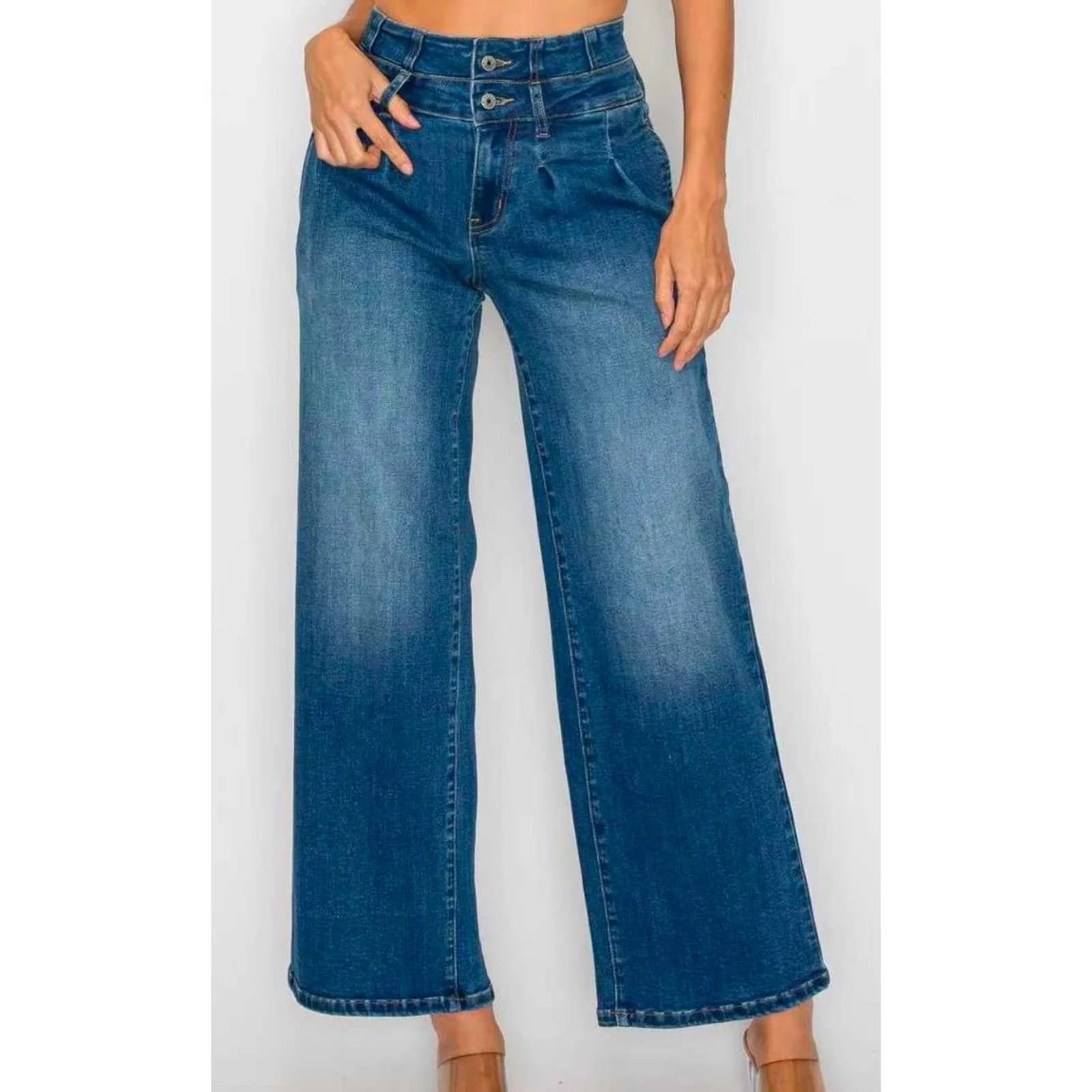 The cropped wide-leg jeans front on against white