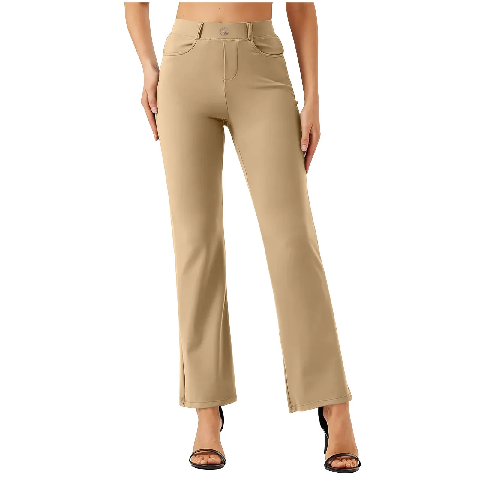 The Khaki work pants worn full length with heels
