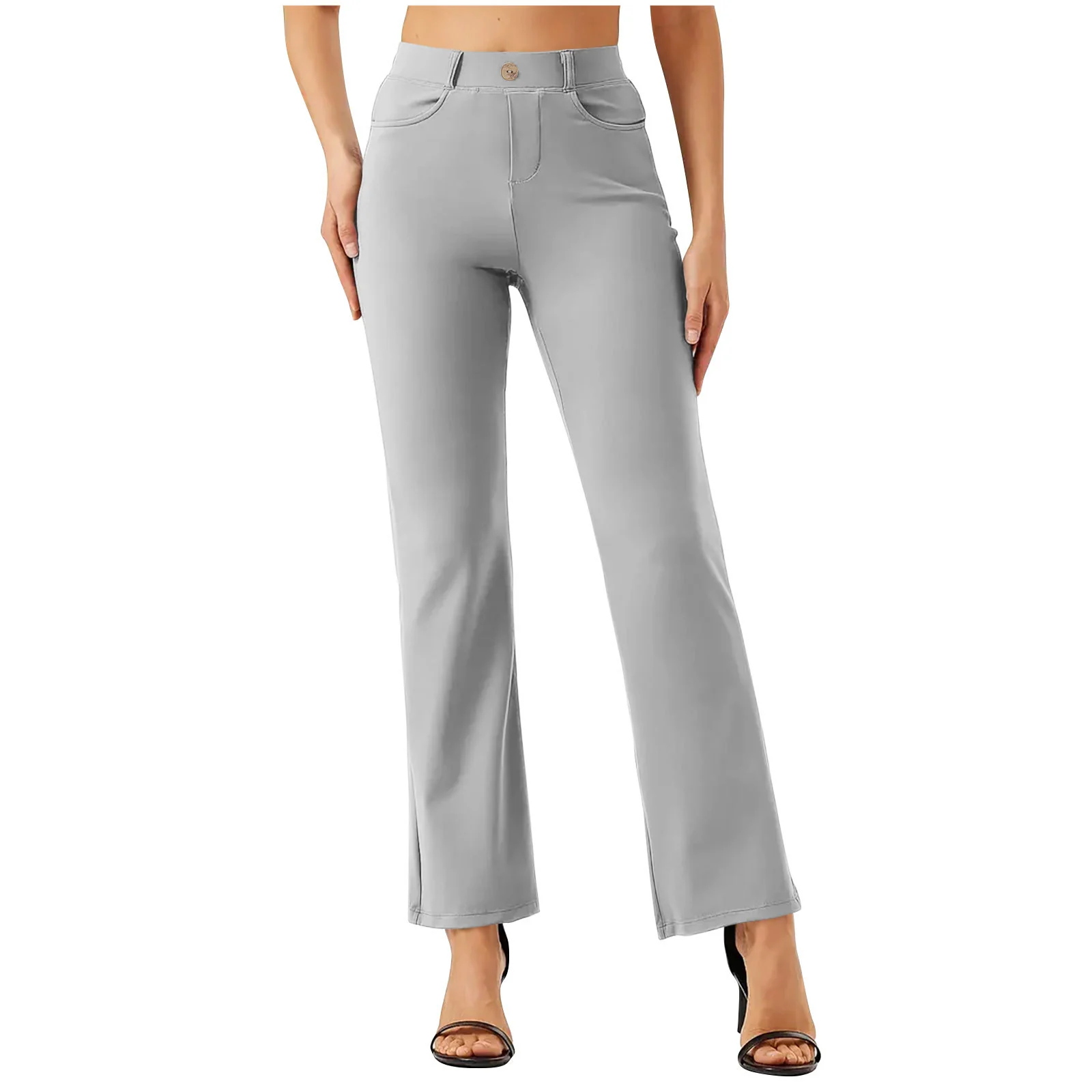 The Light Grey work pants worn full length