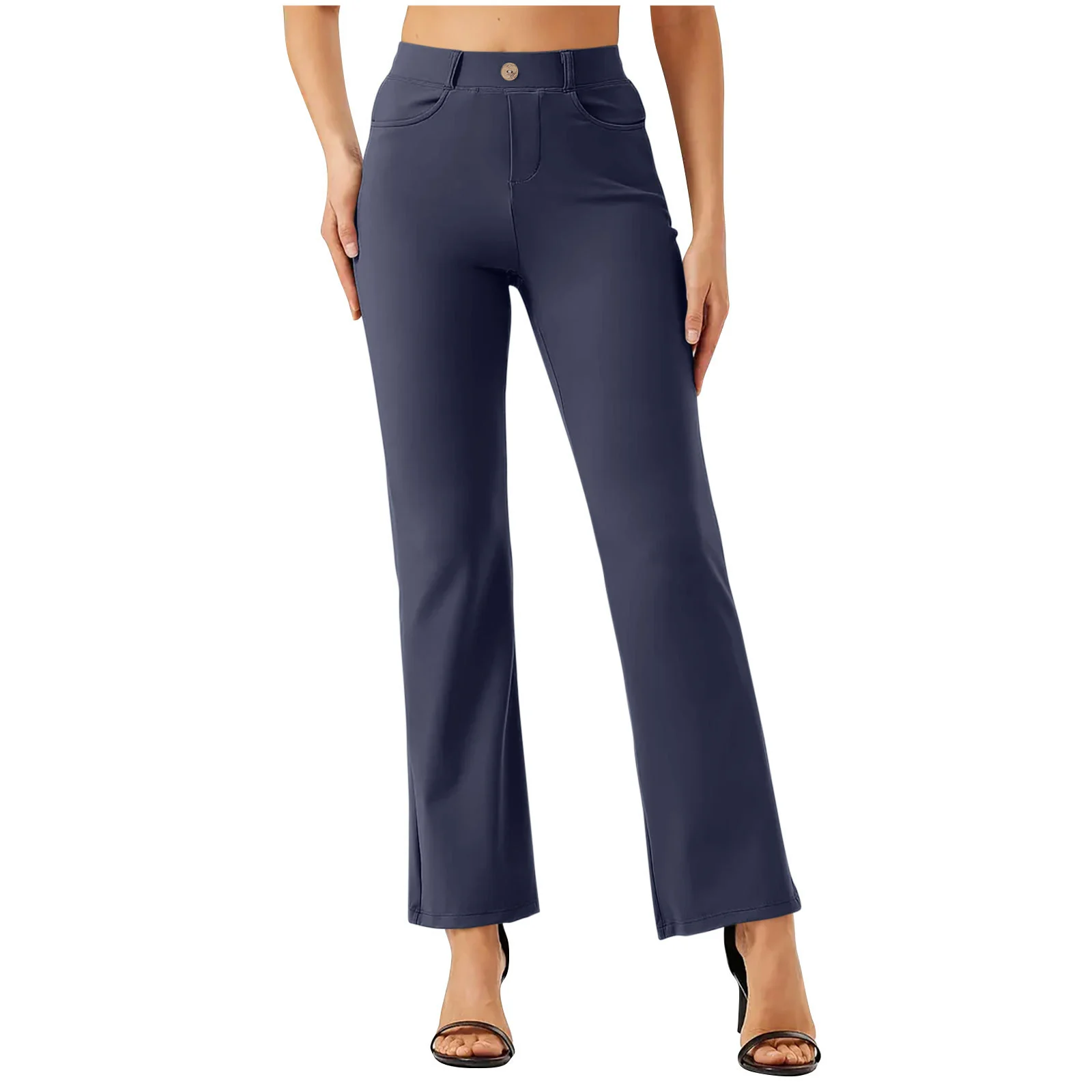 Pull-On Straight-Leg Work Pants in Navy worn with heels, front view