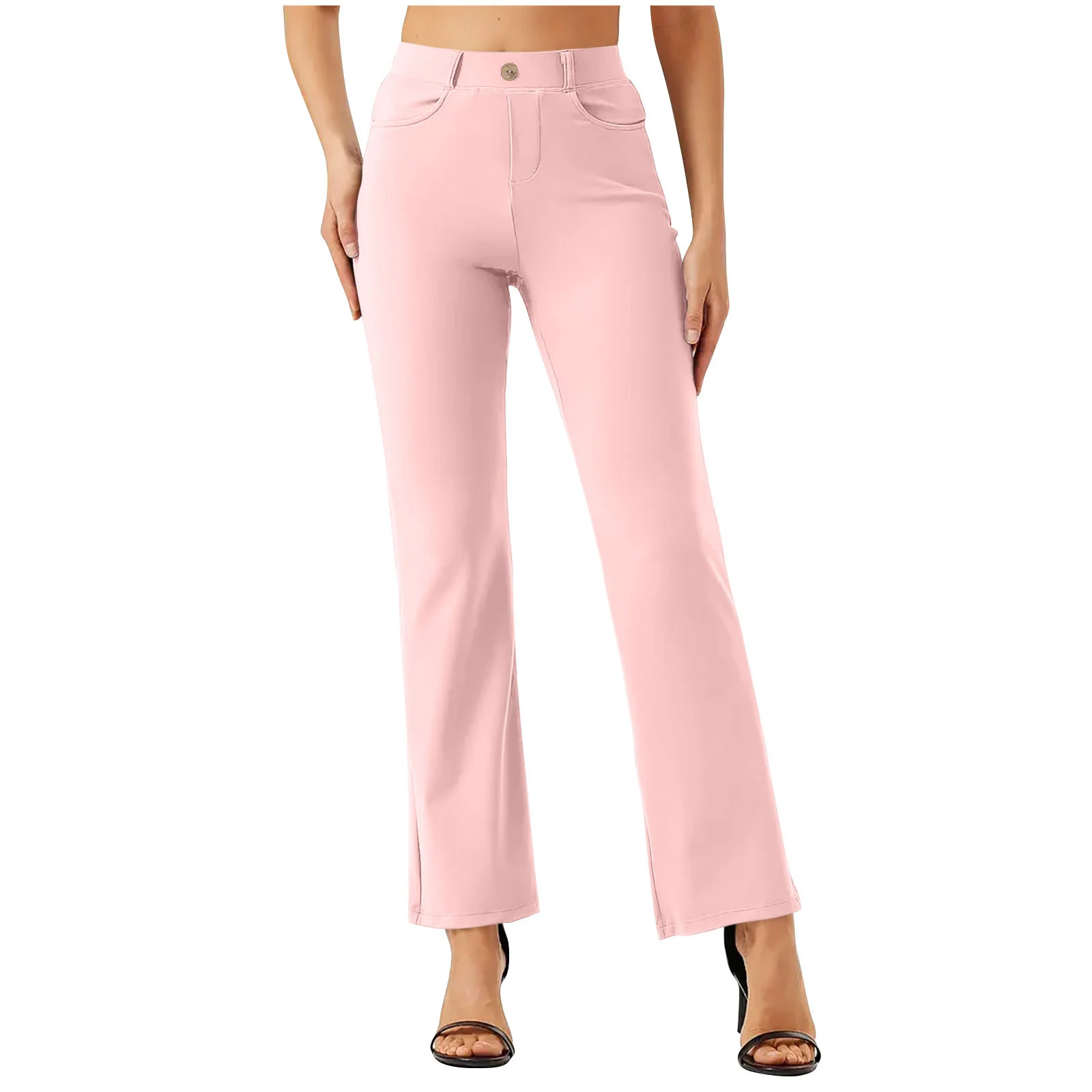The Blush work pants worn full length with heels