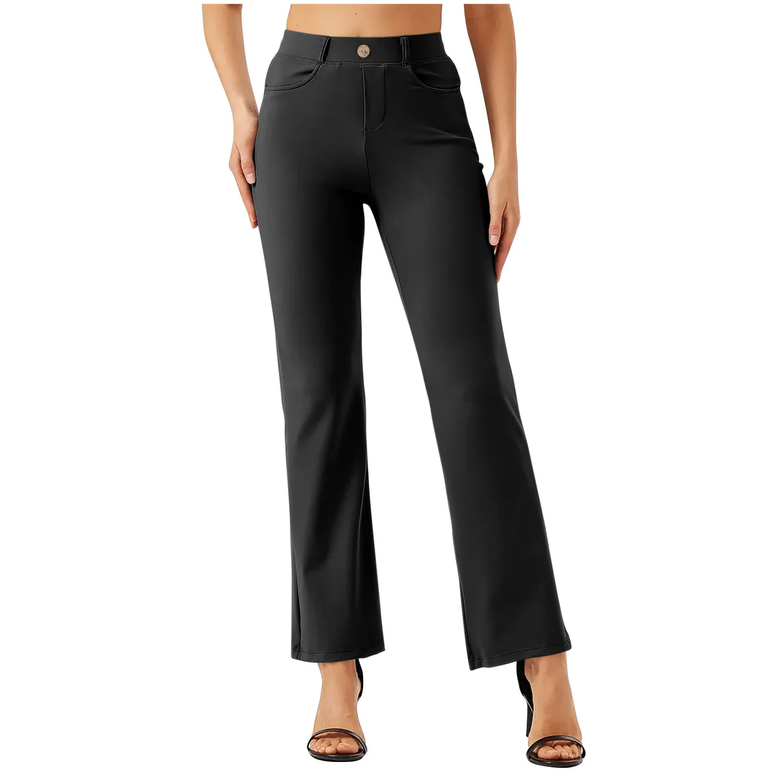 The Black work pants worn full length with heels