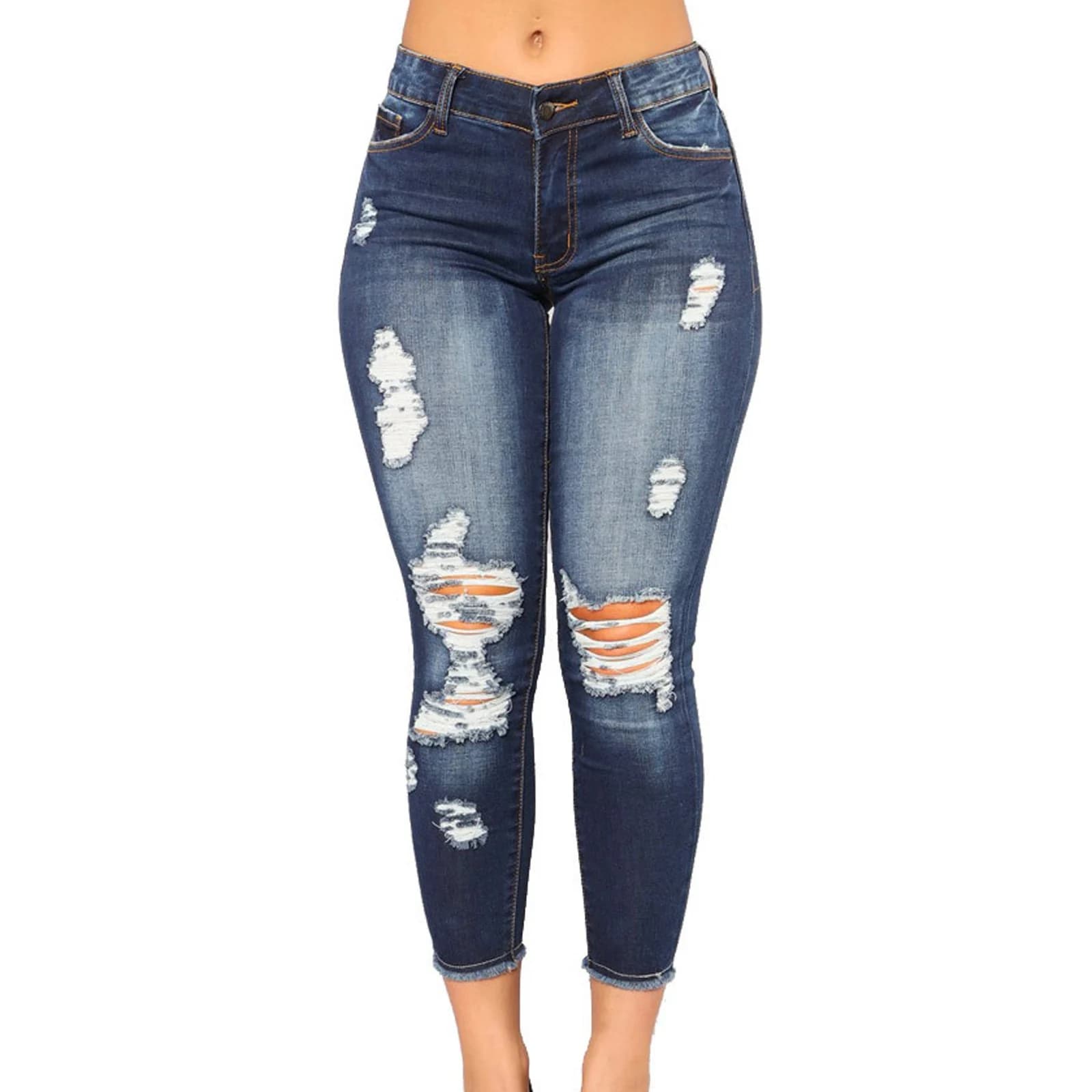 The Dark Wash ripped skinny jeans from the front, showing the distressing