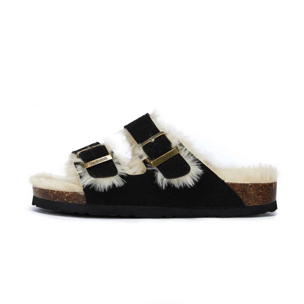 Shearling-Lined Cork Footbed Clogs in Black Suede, product shot