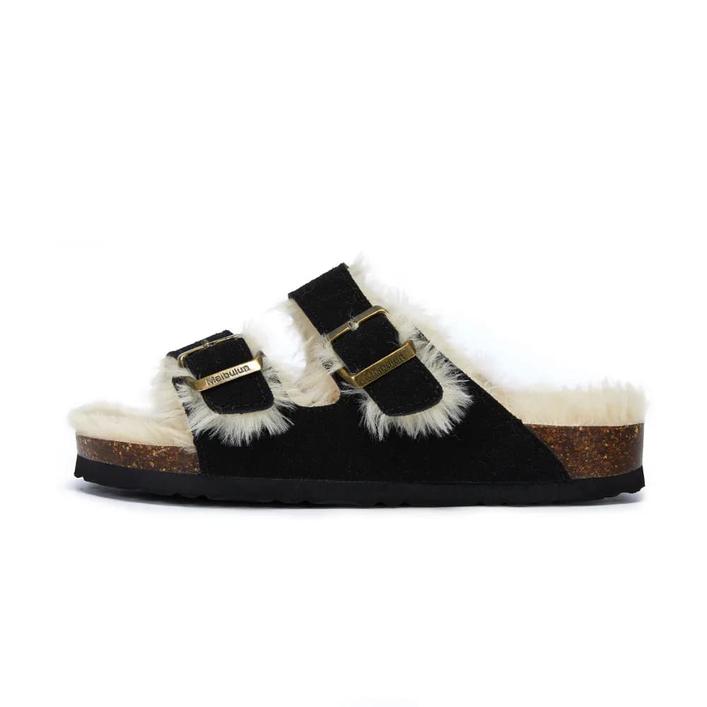 Shearling-Lined Cork Footbed Clogs in Black Suede, product shot