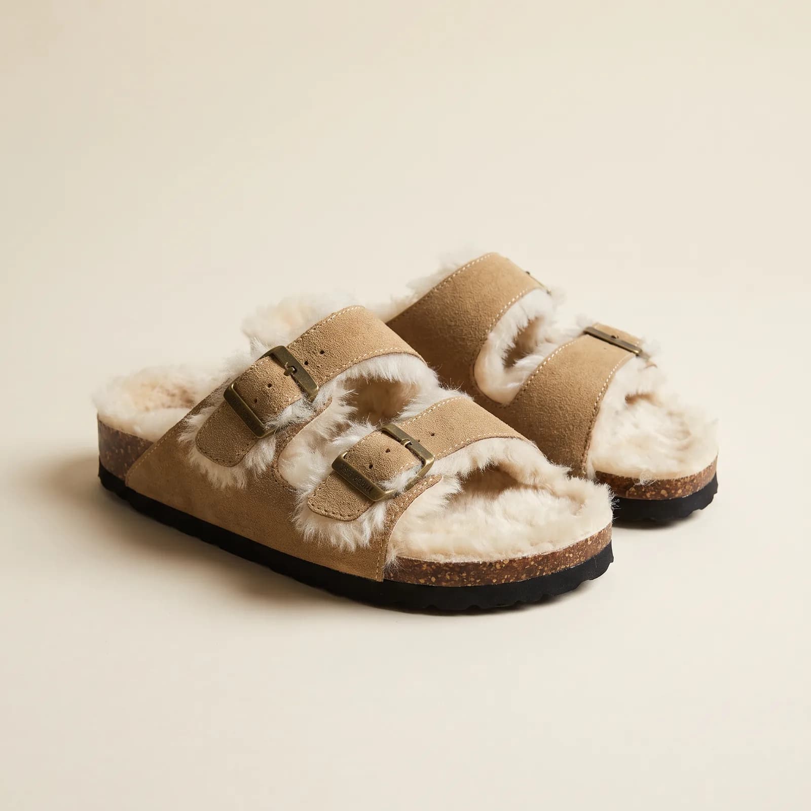 Shearling-Lined Cork Footbed Clogs in Chestnut Suede on a cream studio background