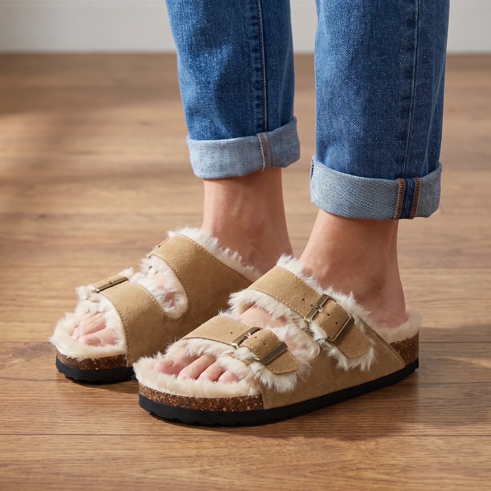 Feet from the ankle down wearing the cork footbed clogs on a wood floor