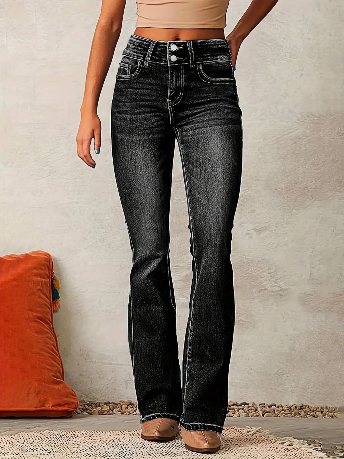 Stretch Bootcut Jeans in Black, worn by a model