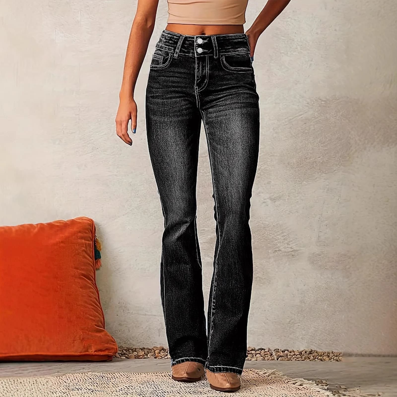 The Black bootcut worn full length