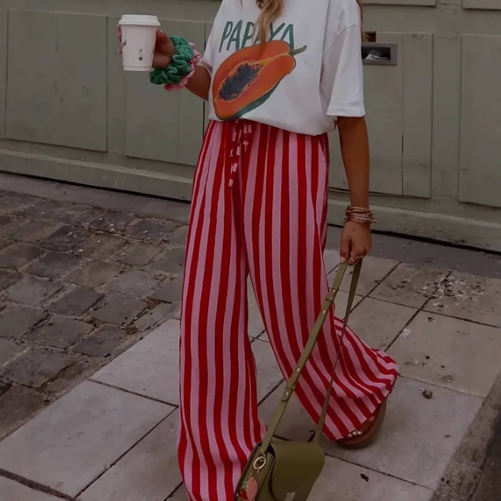 Striped Wide-Leg Palazzo Pants in Red Stripe worn with a white tee, front view