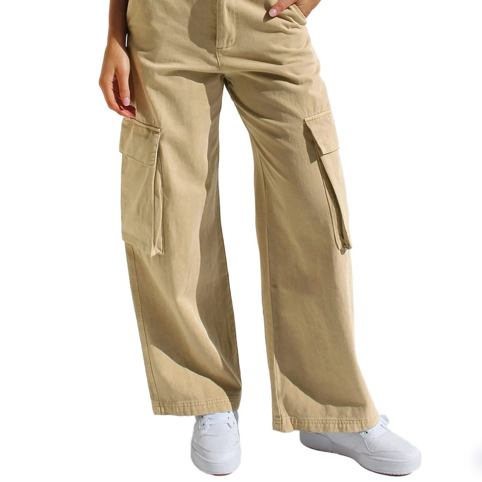 The Khaki cargo pants worn with sneakers