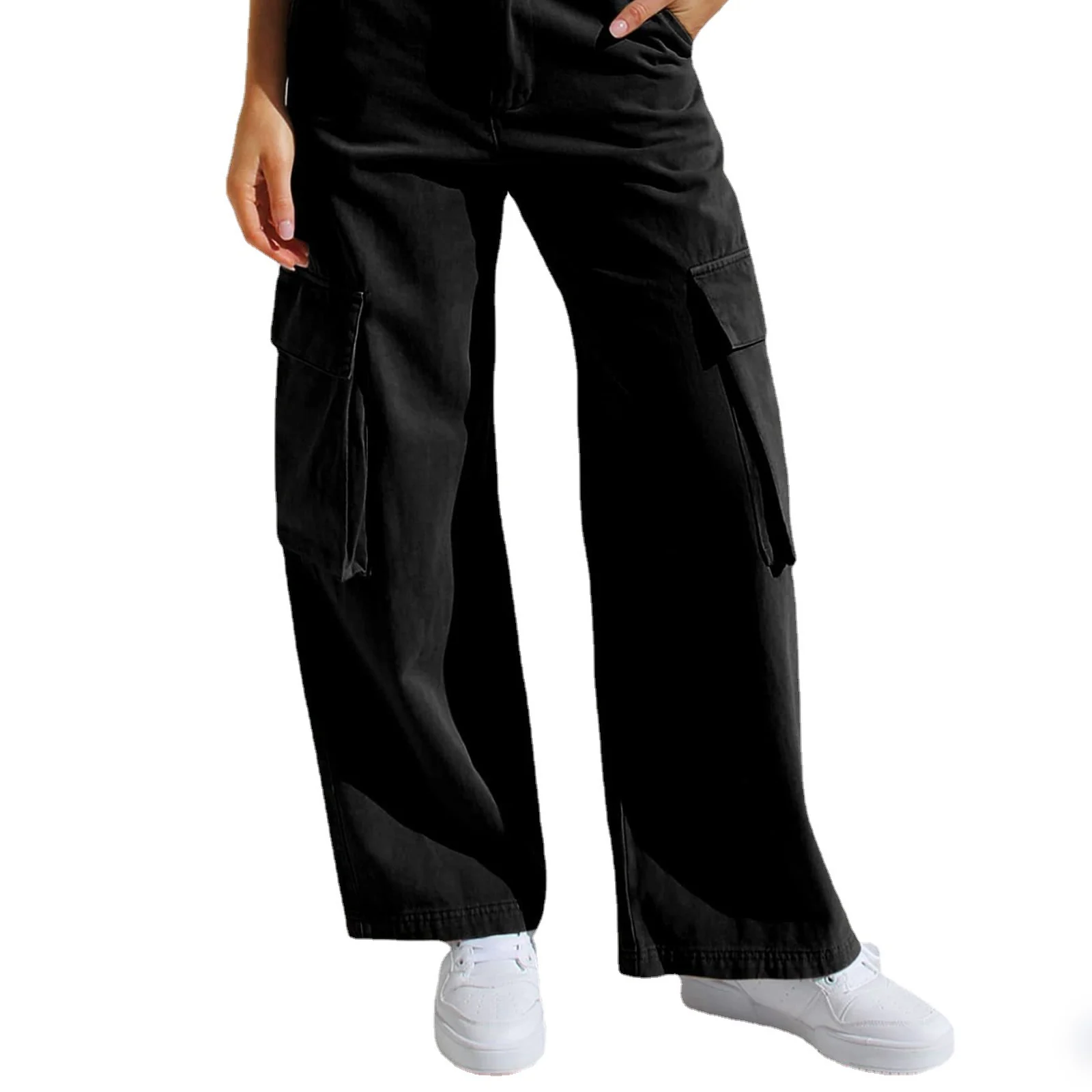 The Black cargo pants worn with white sneakers
